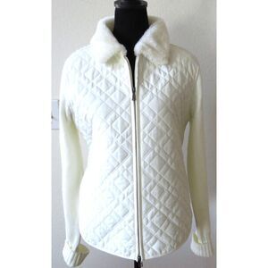 Effeci Vintage 90's Quilted Sweater Jacket Faux Fur Collar  White L  EUC